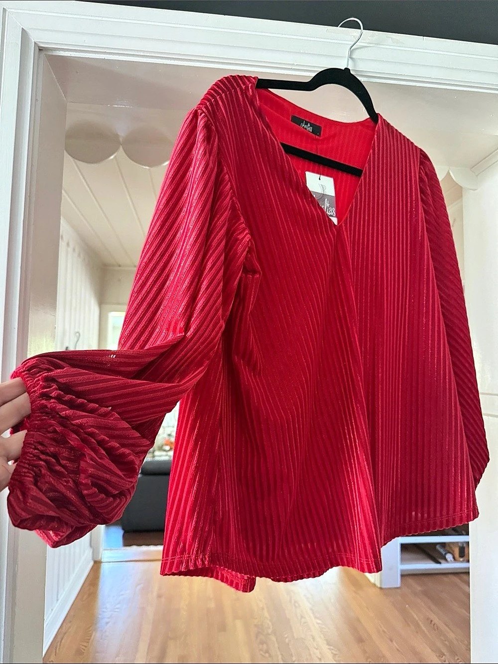 Amelia's red/gold foil velvet stripe v neck bubble sleeve top Striped V-Neck